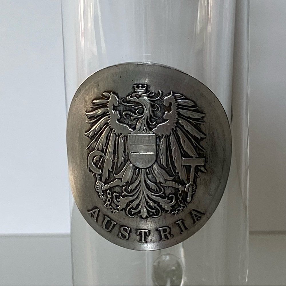 Austria Shot Glass With Handle 4” Tall Hand Blown Handle Arc France Emblem EUC